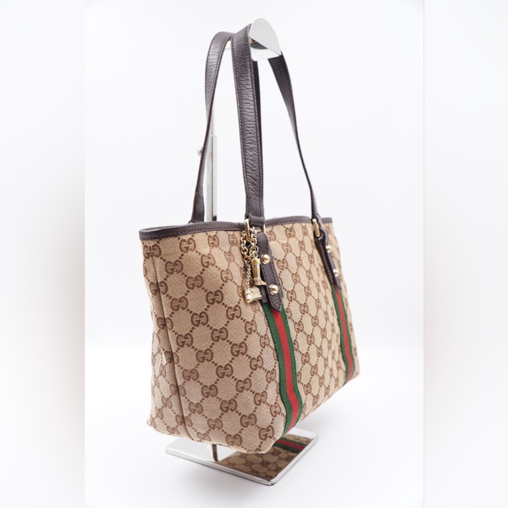 Gucci Beige GG Canvas Tote with Green and Red Web Stripe and Brown Trim - Picture 4 of 16
